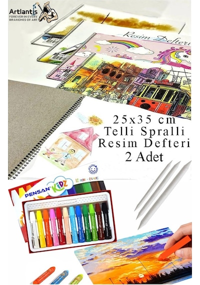 12 Renk Pensan Pastel Boya 25x35 Cm Telli Spralli Resim Defteri Pastel Dağıtma Kalemi 15 Yaprak Resim Defteri Yağlı Çok Renkli