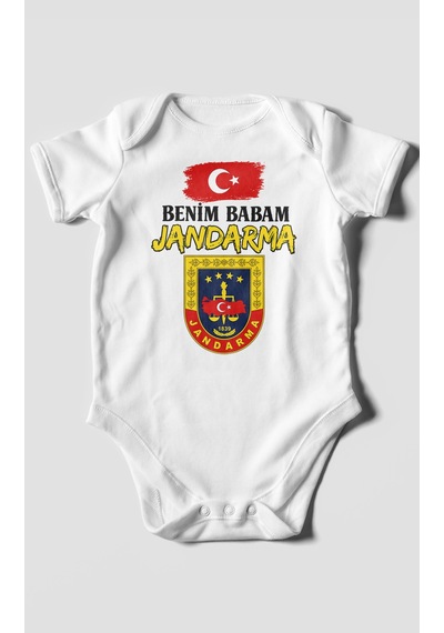 Morivokids Benim Babam Jandarma Kısa Kollu Bebek Body %100 Pamuk Beyaz