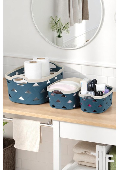 3lü Dekoratif Deri Görünüm Dolap İçi Düzenleyici Saklama Kutusu Mutfak Banyo Organizer Sepet Mavi Sd5000set-2 Mavi