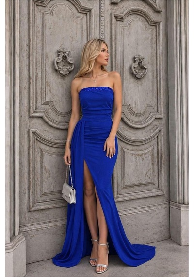 DefyModa Kadın Şık Dik Yaka Payetli Maxi Uzun Kollu Abiye Elbise Saks
