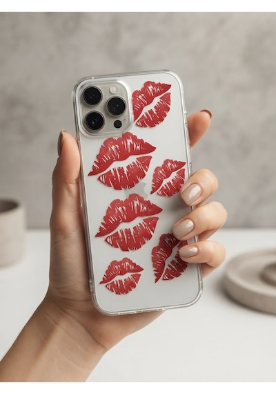 Hepsi Apple İphone Uyumlu 15 Pro Max Kırmızı Dudak / Öpücük Desenli Şeffaf Telefon Kılıfı Najmaddin Çok Renkli
