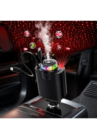 Ultratekno C7 Araç Şarj Cihazı 5in1 45w Hızlı Şarj Oto Parfüm Difüzör Type-c & Lightning Makaralı Kablo Rgb Yıldız Işığı Araç İçi Nemlendirici Gri