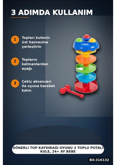 Dönerli Top Kaydırağı Oyunu 3 Toplu Potalı Kule, 24+ Ay Bebek Gelişim Oyuncağı Bx-316132