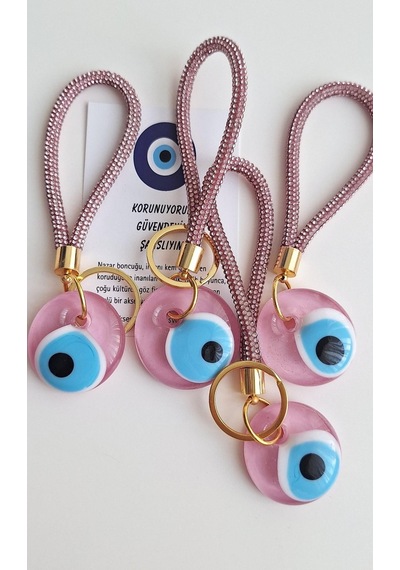 Lüks Hediyelik Orjinal Gerçek Cam Ve Zirkon Taşlı Anahtarlık - Çanta Süsü - Şeker Pembe - 12 Cm