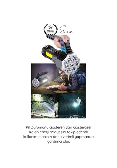 Fener Usb Şarjlı El Feneri 7 Xpe Cob Led 5 Modlu Şarj Göstergeli Güçlü Işıldak Abs Gövdeli Taşınabi Çok Renkli