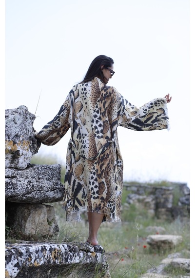 Befera Müslin Kimono Pamuklu Dijital Leopar Baskılı Bornoz Kaftan Sabahlık Kahverengi