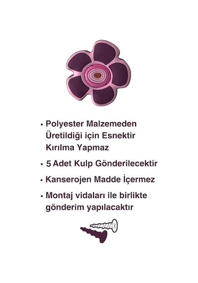 5 Adet Mor Papatya Çocuk Odası Mobilya Kulbu Seti - Tek Vidalı Dolap ve Çekmece Kulpları Mor