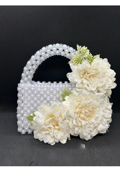 Luti Design Beyaz Boncuk Gelin Çantası / Çiçek Detaylı Özel Tasarım Nikah, Söz Ve Düğün Çantası