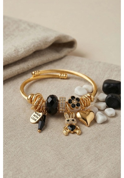 Tavşan Model Gold Renk Siyah Charmlı Bileklik 6446404