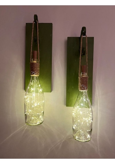 Tıpa Peri Led Işıklı Koyu Yeşil Ahşap Cam Şampanya Şişesi Duvar A Çok Renkli
