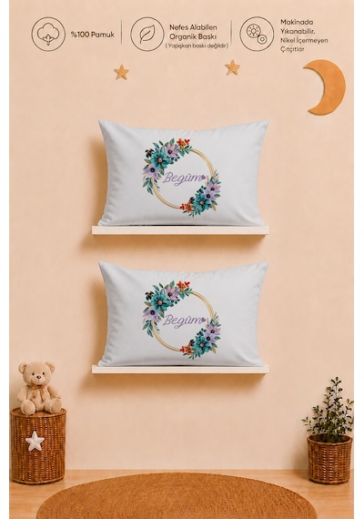 İsme Özel Kız Bebek 2'li Yastık Kılıfı 35x45 Cm %100 Pamuk Organik Baskılı İsimli Bebek Hediyesi 1026y2