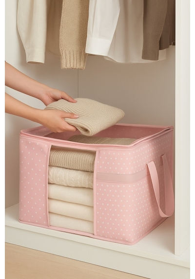 Serstil Pencereli Kazak & Kıyafet Hurcu 45x40x30 Cm - Pembe Benekli Pembe Puantiye
