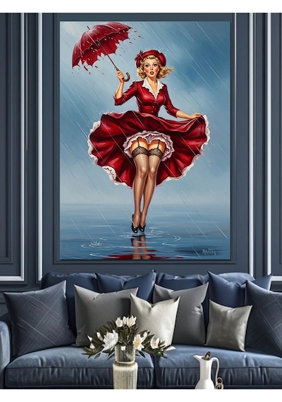 Ahşap Tablo Kırmızı Elbiseli Pinup Kızı