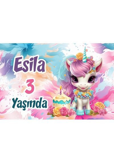 Pasta Ve Unicorn Temalı Doğum Günü Afişi -2 35x50 Cm
