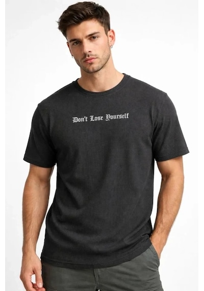 Vexor Erkek Wafıl Kumaş Tişört Regular Kalıp Bisiklet Yaka Baskılı Günlük Basic T-shirt - Siyah