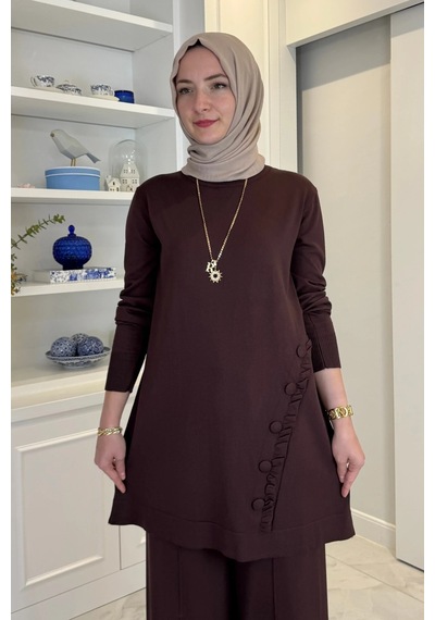 Rabia Şamlı Feryal Pantolonlu Triko Takım Acı Kahve Normal