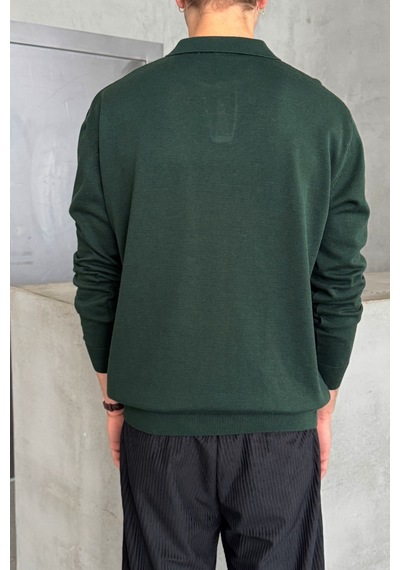 Erkek Pamuklu Polo Yaka Oversize Triko Kazak Yeşil