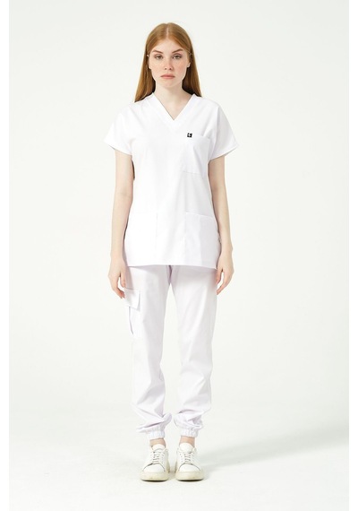 Beyaz Likralı Scrubs Kargo Cep Jogger Paça Doktor Hemşire Forması Yarasa Kol Takım Unisex