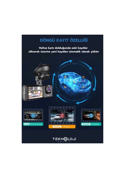 Araç İçi Kamera Ön Arka Ve İç Kayıt 3 Kamera Gece Görüşlü G Sensör Geniş Açı 1080p Dash Cam Full Hd