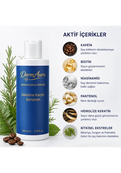 Dermaura Dökülme Karşıtı Kafein & Biotin İçerikli Güçlendirici Saç Bakım Şampuanı 200 ML