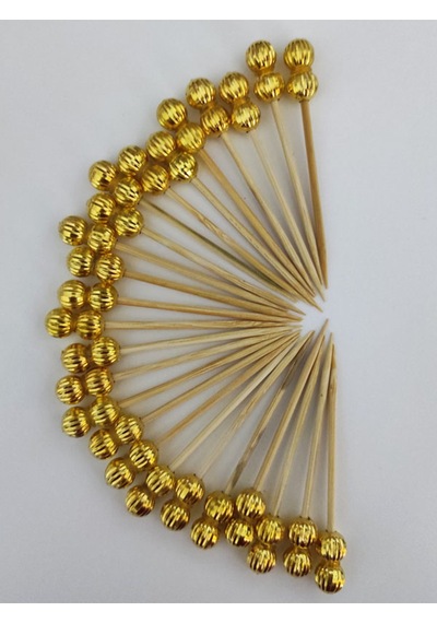 25 Adet Dekoratif Gold Çizgili Çift İnci Boncuklu Pasta Kürdanı 6,5 Cm - Boncuk 8 Mm