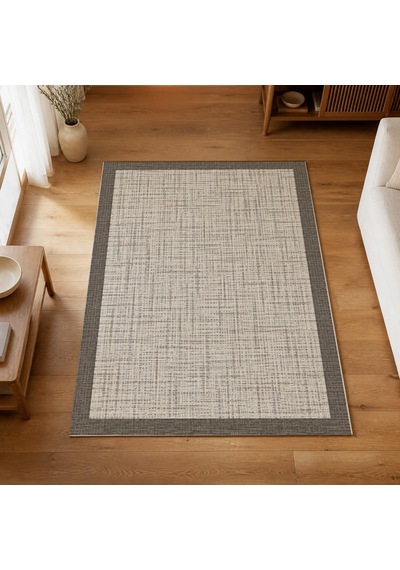 Kartela Halı Jüt Görünümlü Kalın Çerçeveli Halı Açık Gri Kaymaz Taban Makinede Yıkanabilir 60x90 Cm
