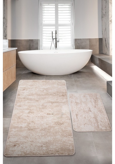 Nova Krem 80x150 + 50x80 Cm Büyük Ebat 2'li Banyo Halısı Paspas Seti Kaymaz Taban Klozet Takımı Krem