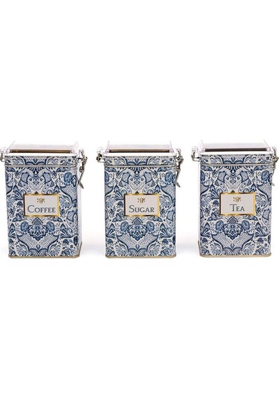 Lisbon Desenli Tea, Coffee, Sugar Şeffaf Kapaklı Metal Saklama Kabı 3'lü Set, 7,5 X 10 X 15 Cm, 1 Lt Desenli