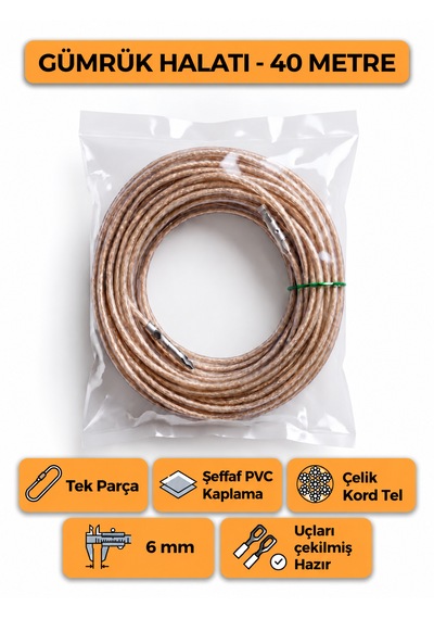 Tır Dorse Kamyon Konteyner Gümrük Halatı Galvanizli Çelik Tel 40 Metre 6mm