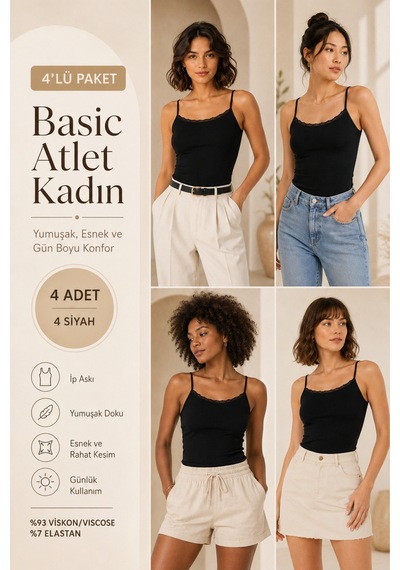 Loule Kadın 4'lü Dantel Detaylı İp Askılı Atlet Siyah