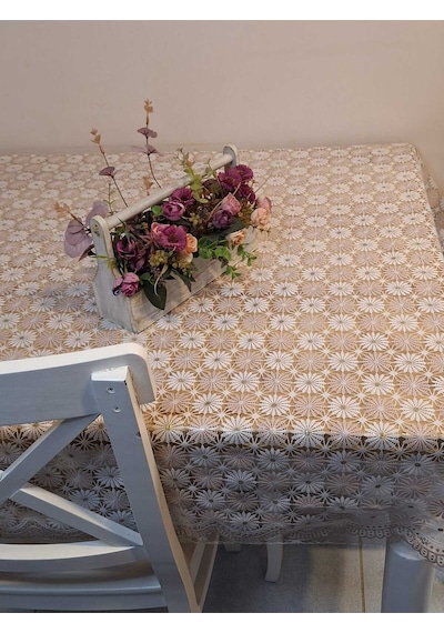 İthal Pvc Muşamba - Desenli Silinebilir Masa Örtüsü 11lace015 Bej