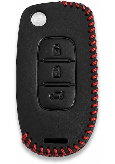 Autohan Keys Renault Megane 4, Clio 5, Captur İçin, Deri Anahtar Kılıfı, 3 Butonlu, Siyah-kırmızı Örgülü, Anahtarlık Dahil
