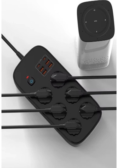 Termal Akım Korumalı 6 Lü Priz 4x Usb 2x Type-c Çıkışlı Grup Priz Çoğaltıcı 3500w Siyah 1