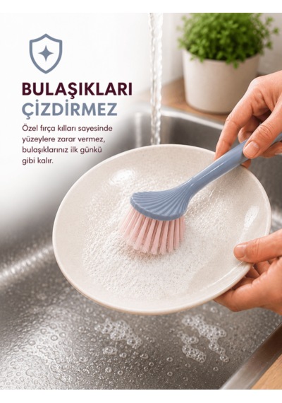 Beylini Tezgah Üstü Silikon Uçlu Bulaşık Yıkama Fırçası Çizdirmez Lavabo Tezgah Üstü Tabak Bardak Banyo Fırça Gri
