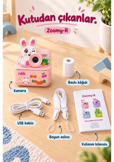 Kj/zm-003 Zoomy-r Tavşan Figürlü Anında Baskılı Çocuk Fotoğraf Makinesi, Çift Kamera, 2,4 İnç Ekran, 1080p Video, 3+ Yaş Pembe