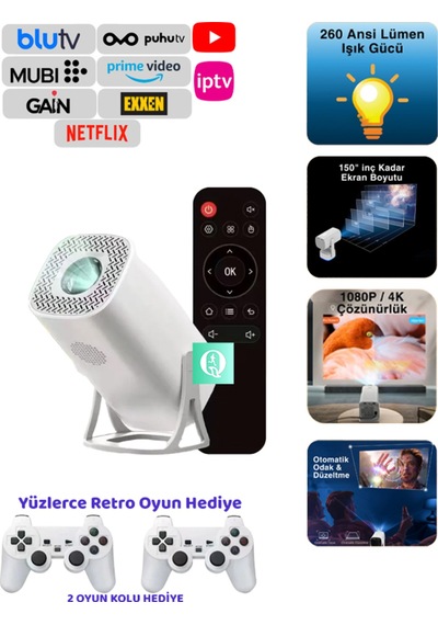 Projeksiyon Cihazı 200 Lümen 2 Kol li 4k 1080p Hd Projektor 3d Oyun Keyfi Android