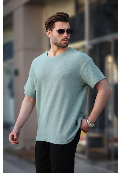 Madmext Mint Yeşili Bisiklet Yaka Oversize Erkek T-shirt E7134 Mint Yeşili