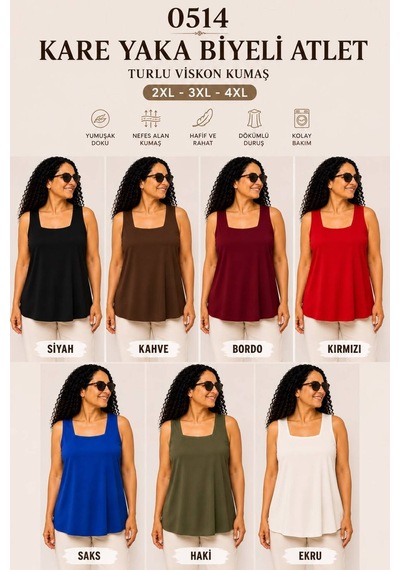 Gülmina Moda Kadın Kare Yaka Büyük Beden Biyeli Atlet - Kırmızı