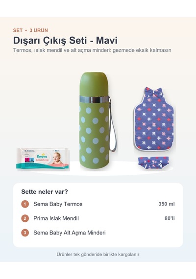 Dışarı Çıkış Seti 3 Parça: Sema Baby Termos + Prima Islak Mendil + Sema Baby Alt Açma Minderi - Mavi