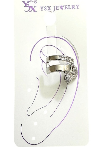 Earcuff Sıkıştırmalı Çelik Kıkırdak Küpe Çift Sıra Bantlı Halka Detaylı Zirkon Taşlı Gümüş Renk