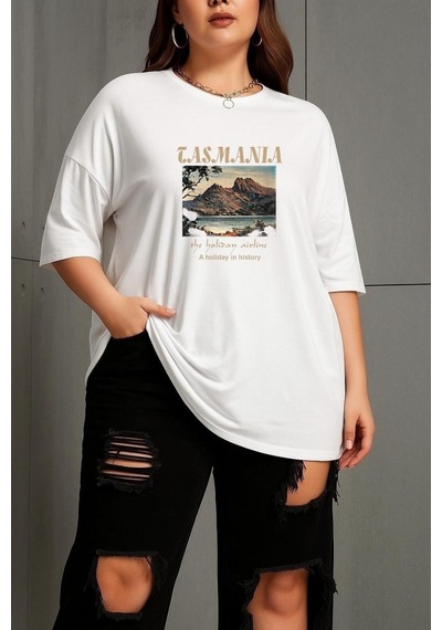 Büyük Beden Tasmania Baskılı Unisex Tişört Beyaz