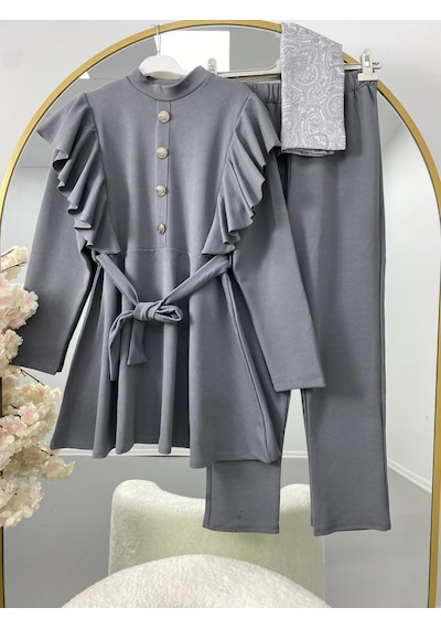 Lovie Moda Kadın Omuzları Fırfırlı Kuşaklı İkili Takım Gri