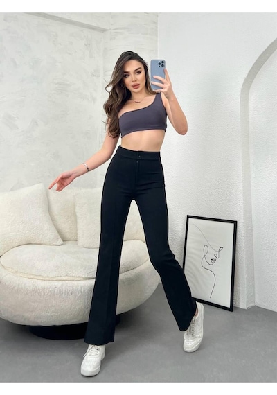 Kadın Yüksek Bel İspanyol Paça Krep Kumaş Pantolon Slim Fit Şık Pantolon Siyah