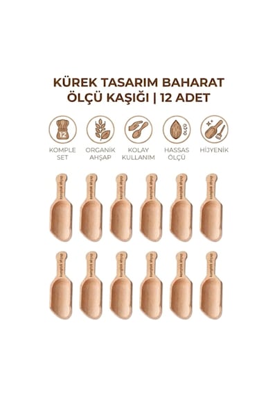 Kamptek Ahşap Baharat Ölçek Kaşığı Kürek Tasarım 12 Adet Küçük Boy Diğer