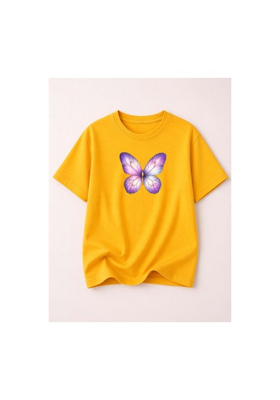 Herkesemoda Mor Kelebek Baskı Detaylı Kadın Bisiklet Yaka Pamuklu T-shirt Sarı