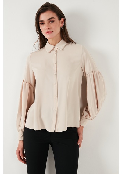 Lela Regular Fit Dikiş Detaylı Düz Yaka Balon Kol Bayan Gömlek 611Go00003 Taş