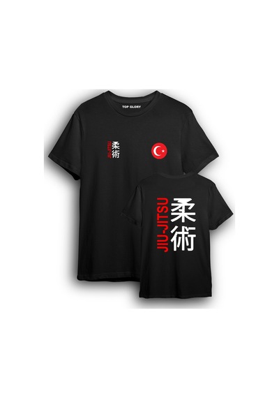 Top Glory Jiujitsu Kanji Ve Bayrak Baskılı Milli Takım Tişört Jujitsu T-shirt Juju6009 Siyah
