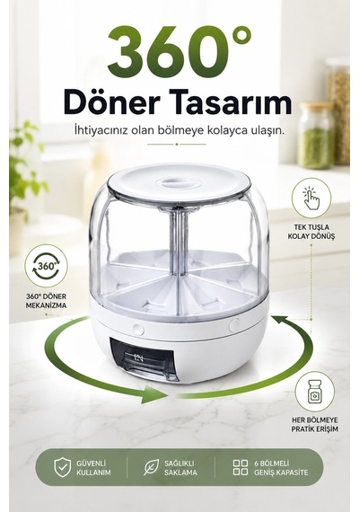 Çok Bölmeli Bakliyat Ve Kuru Gıda Saklama Kabı Döner Sistemli Ölçülü Dağıtıcılı Çok Renkli