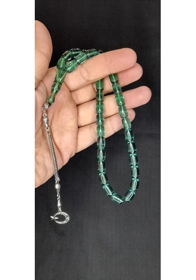 Anemore Collection Ateş Kehribar Tesbih Yeşil Renk Kapsül Kesim T-379