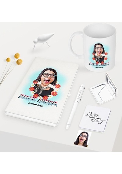 Kişiye Özel Melek Annem Karikatürlü Beyaz Defter Kalem Kupa Ayna